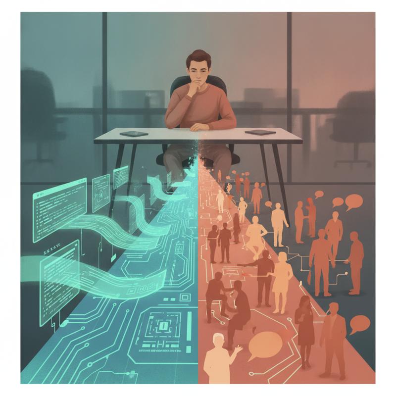 A software engineer at a desk facing two paths, one lined with code, one with people
