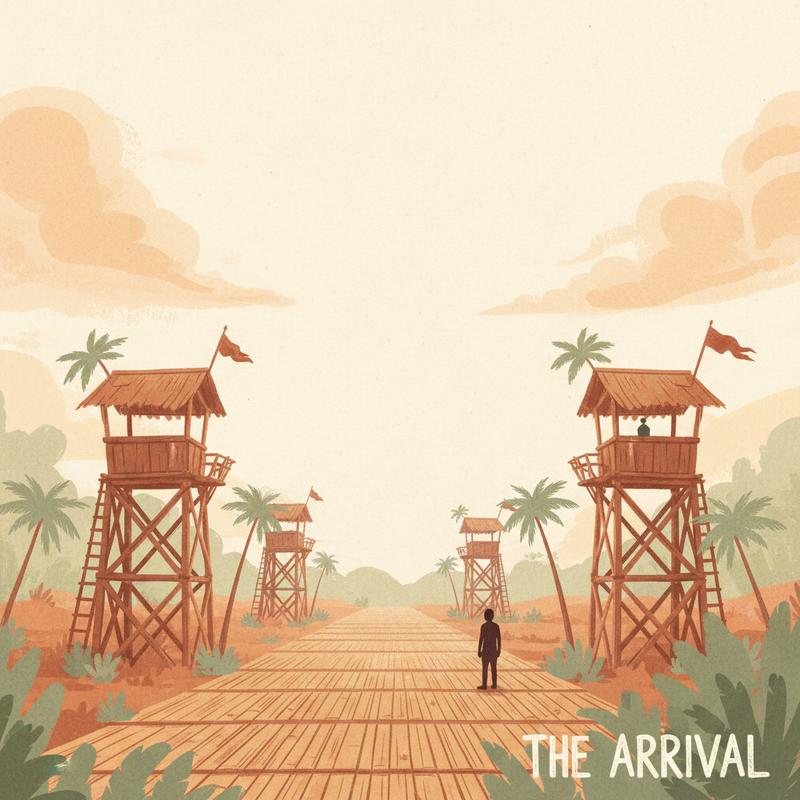 Hand-built bamboo runway and control tower on an empty jungle clearing under empty sky