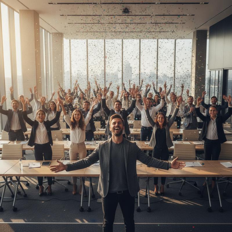 A room of professionals standing at their desks cheering with arms raised as confetti falls, a smiling speaker at the front with arms open