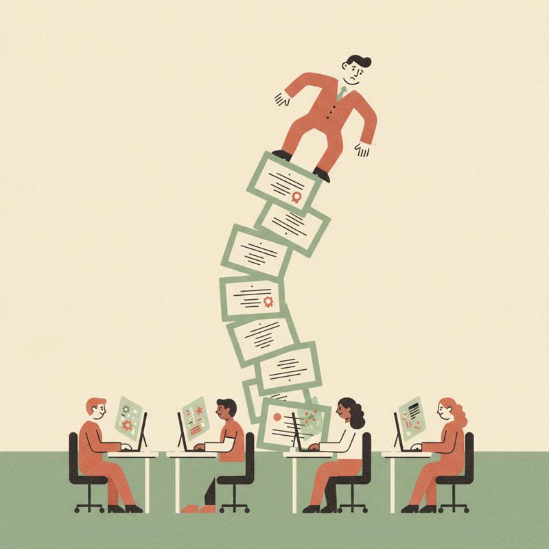 A manager wobbling on a pedestal built from stacked framed certificates while the engineering team below gets on with the work