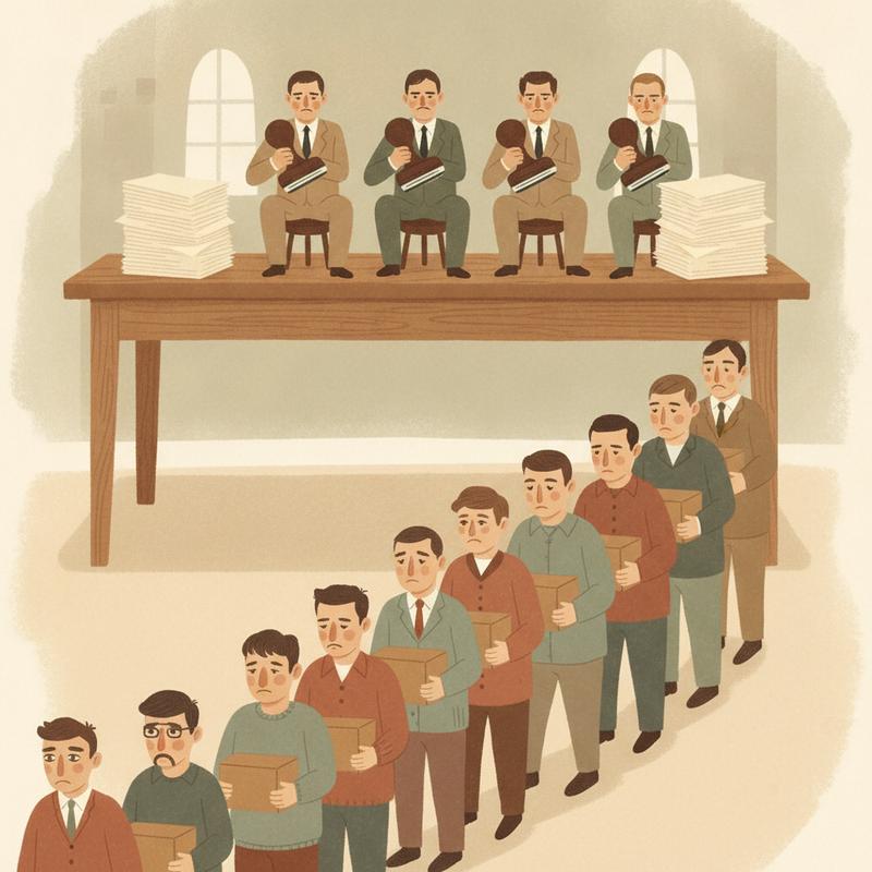 Illustration of a long queue of tired developers holding boxes, waiting at a tall desk where a committee sits with rubber stamps beside stacks of paper