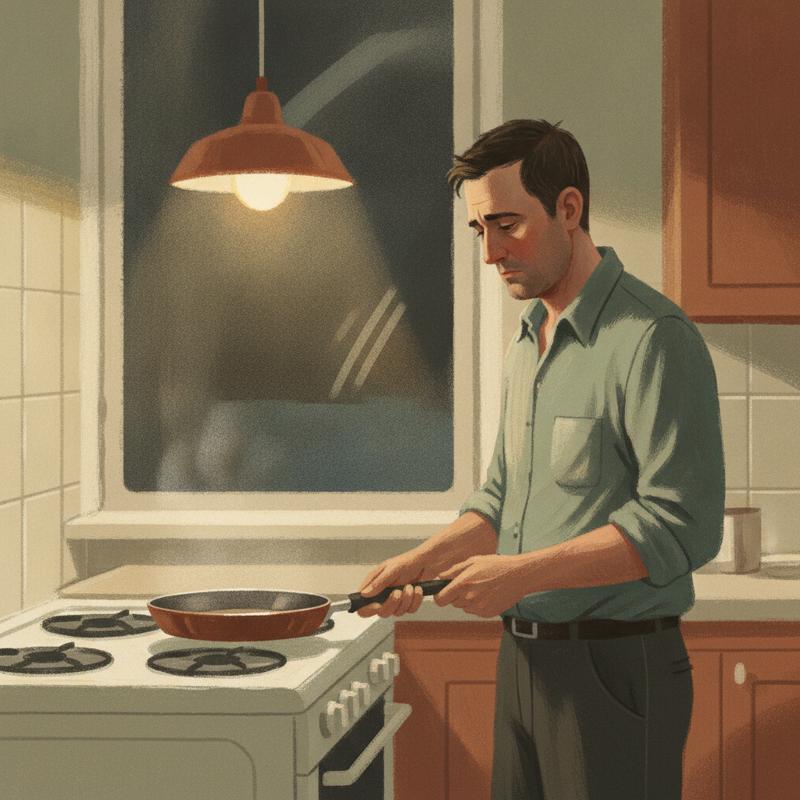 A tired man in a rolled-up work shirt cooking alone at a small kitchen stove at night, one battered frying pan under a single warm lamp