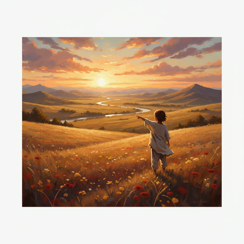 A child standing at the edge of a wide open field at golden hour, gazing at a vast horizon full of possibility
