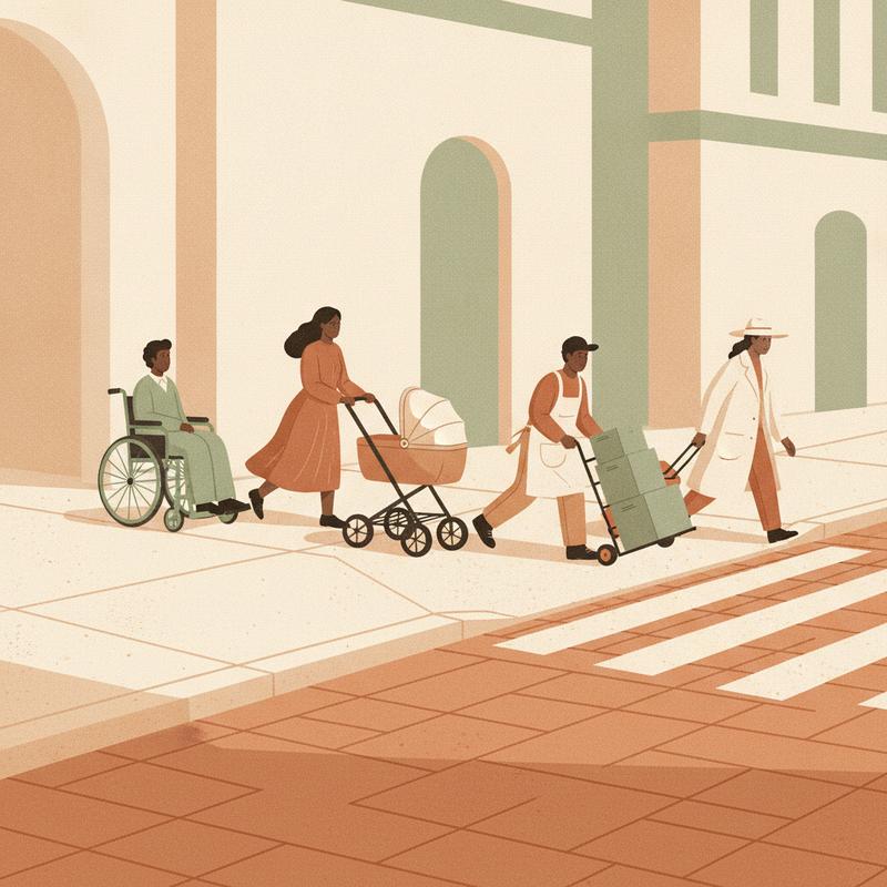 People sharing the same sidewalk crossing, a wheelchair user, a parent pushing a stroller, a delivery worker with a hand truck and a traveler