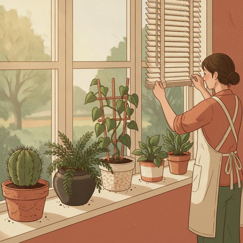 A row of different plants on a sunny windowsill, a cactus, a fern and a climbing vine, while a gardener adjusts the window blind instead of pruning them