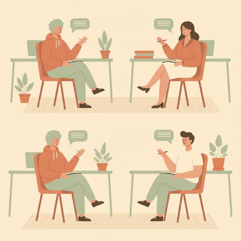 Four engineers practising conversations in pairs in an open plan office