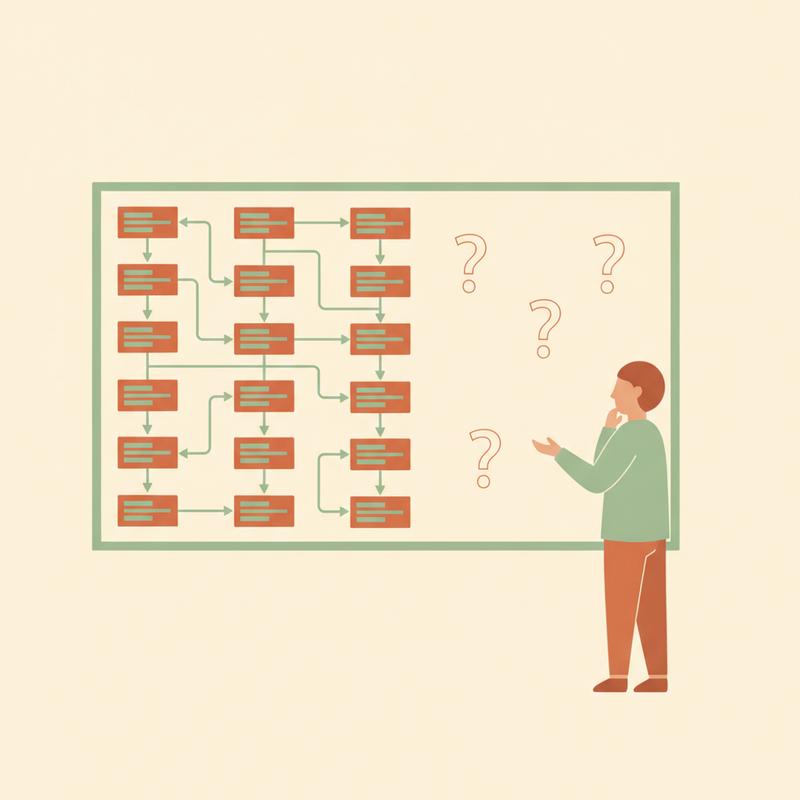 A whiteboard covered in architecture diagrams on one side and mostly empty with question marks on the other