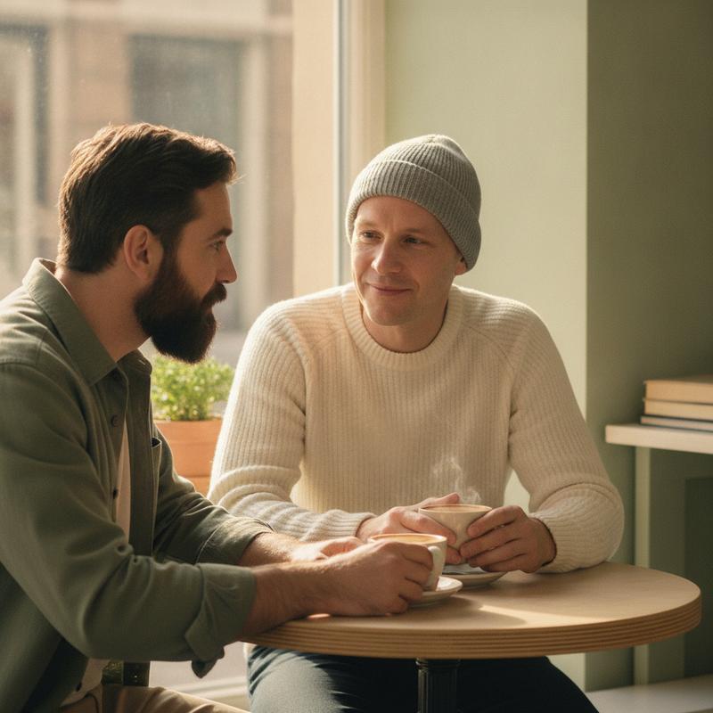 Two men sharing coffee at a small cafe table, one wearing a knit beanie