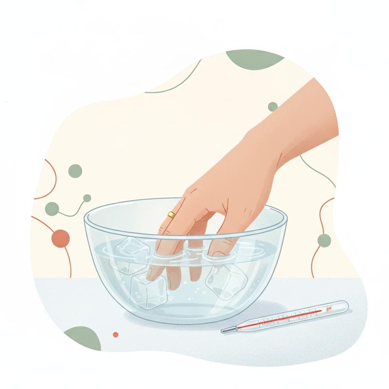 A hand resting in a glass bowl of cold water with ice cubes, a thermometer beside it