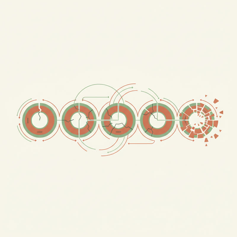 A chain of interconnected nodes showing compounding failures across an AI workflow, terracotta and sage green on cream background