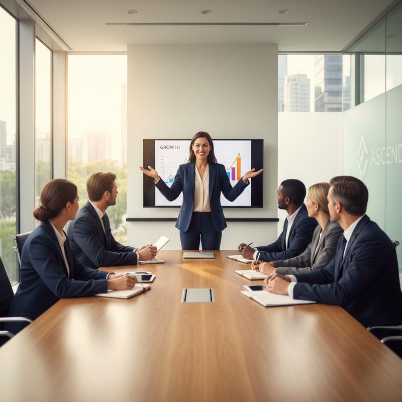 A confident professional presenting to engaged colleagues around a conference table in a bright modern room