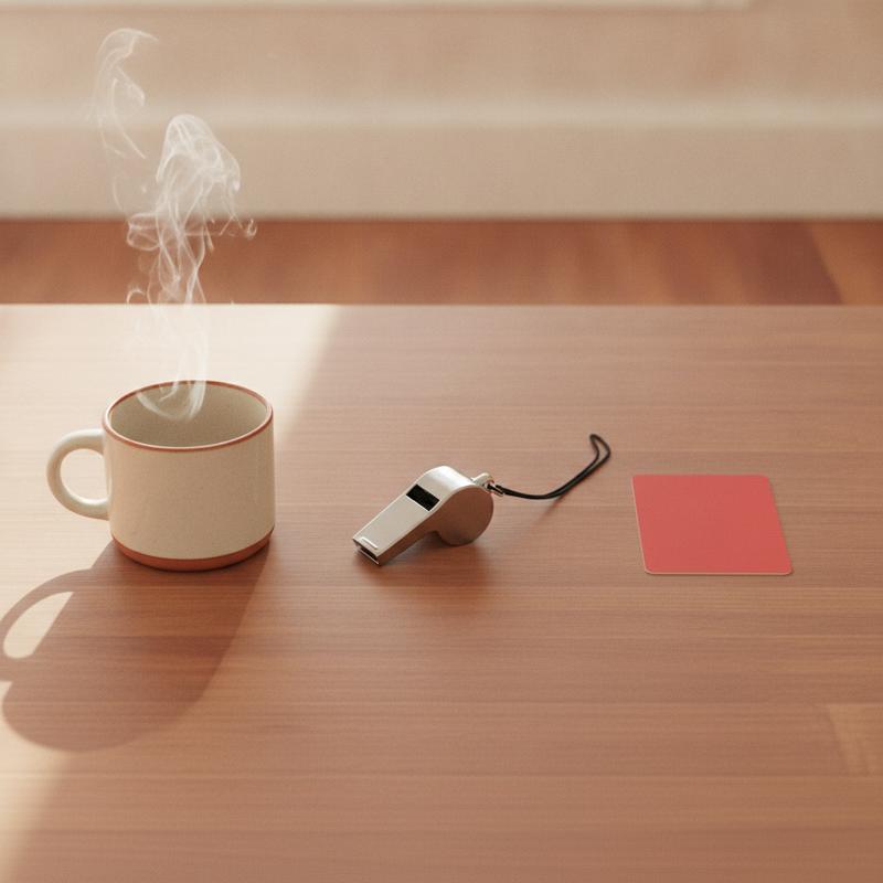 A mug of tea, a coach's whistle, and a red card laid out in a row on a wooden desk