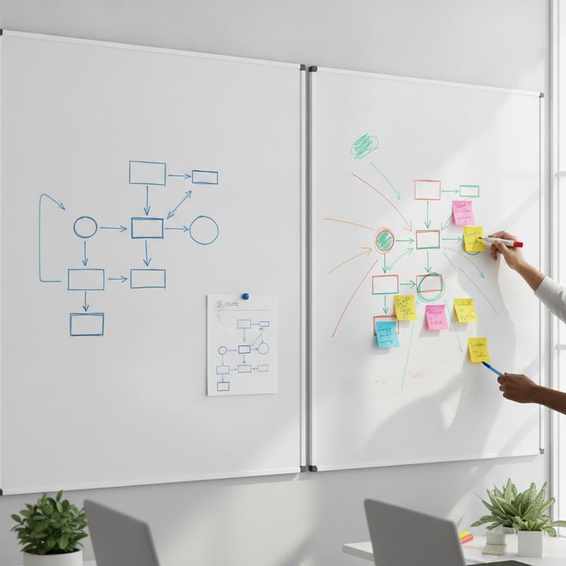 Two office whiteboards side by side, the left showing a diagram traced from a printout taped beside it, the right showing the same diagram reworked by a team with coloured arrows and sticky notes