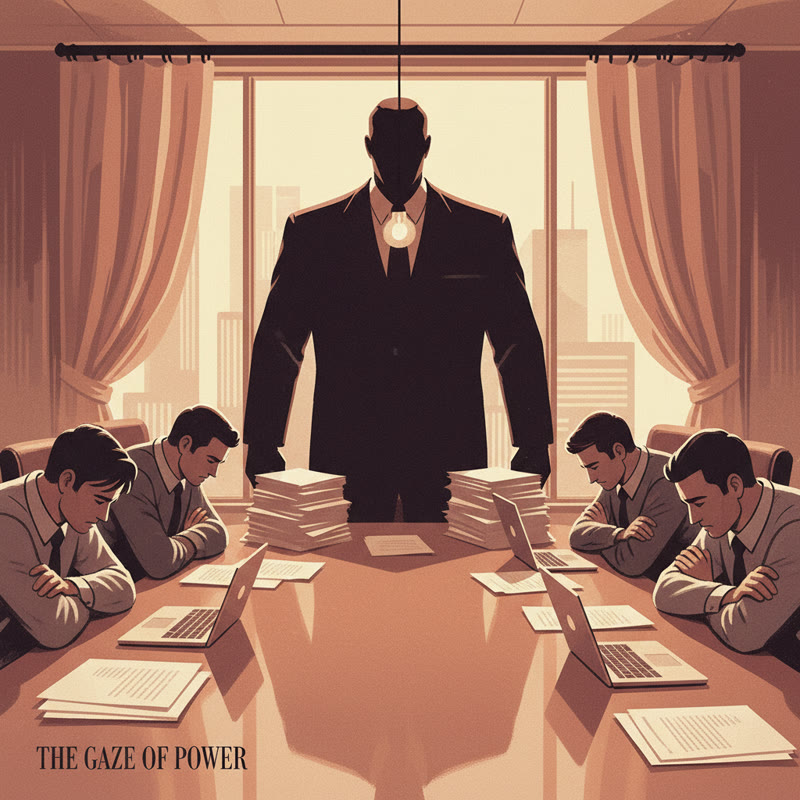 A corporate meeting room with a shadowy manager figure at the head of the table, employees with eyes averted