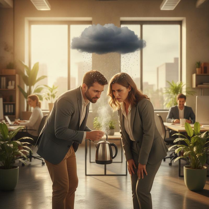 Two office coworkers frowning by a kettle while a small dark rain cloud rains only on them in an otherwise sunny office