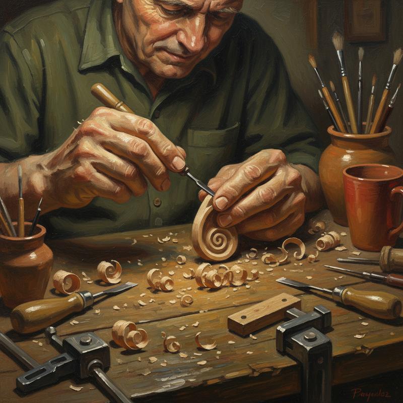 A craftsperson at a workbench, hands focused on detailed precise work, wood shavings and tools visible