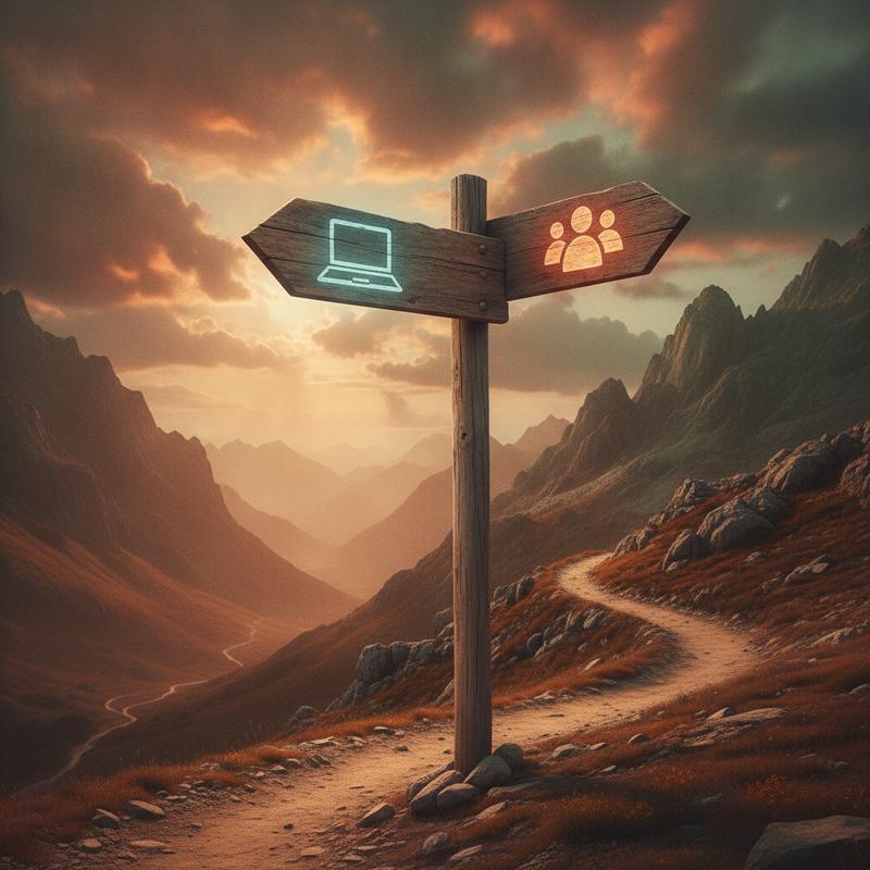 A crossroads with a path splitting toward a laptop in one direction and people in the other