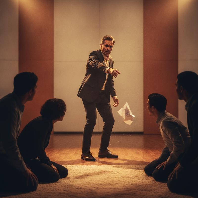 A CEO on a conference stage throwing away a crumpled speech while the audience leans forward