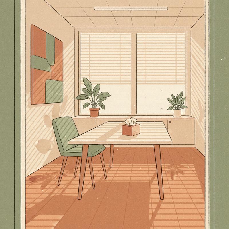 An empty meeting room with one chair pushed back from the table and a box of tissues left on the tabletop, warm afternoon light through the blinds