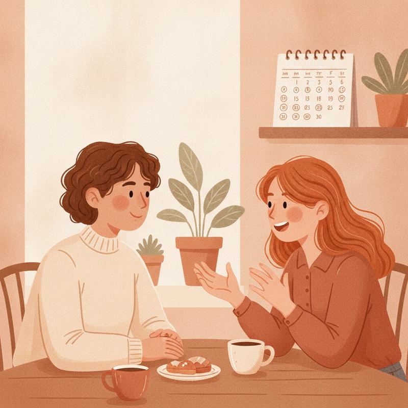 A manager sits with folded hands at a cafe table, listening to a young colleague who explains an idea with animated gestures, a calendar on the shelf behind them with each day circled