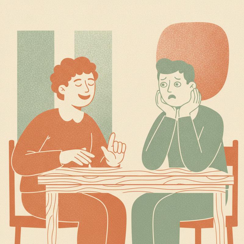 Two people at a wooden table, one tapping a rhythm with total confidence while the other listens with a completely blank expression
