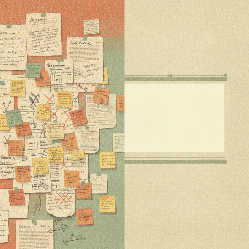 Split scene: an office wall covered in weeks of scribbled notes and crossed-out options, beside a single clean projector slide on a bare wall