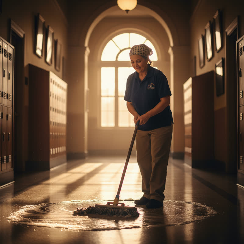 A university custodian mopping a hallway floor in early morning light, looking purposeful and dignified