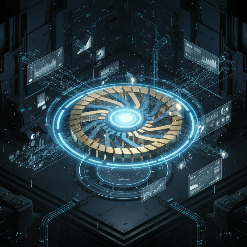 A glowing flywheel spinning with data streams feeding into it from multiple directions