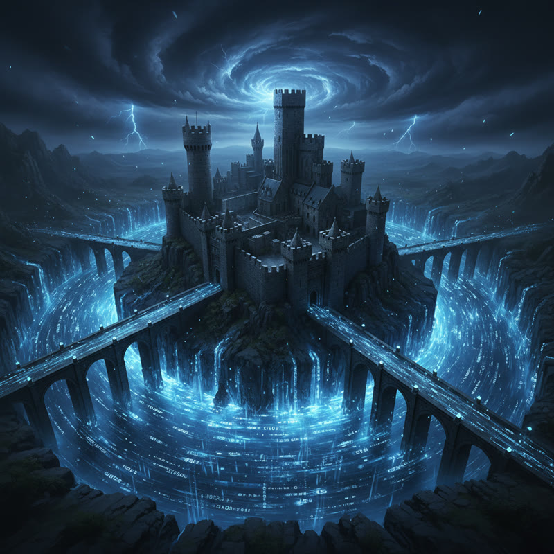 A medieval castle surrounded by glowing data streams instead of water