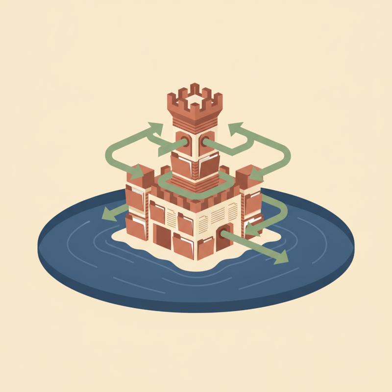 Illustration of a moat around a small castle built from customer data files and workflow arrows