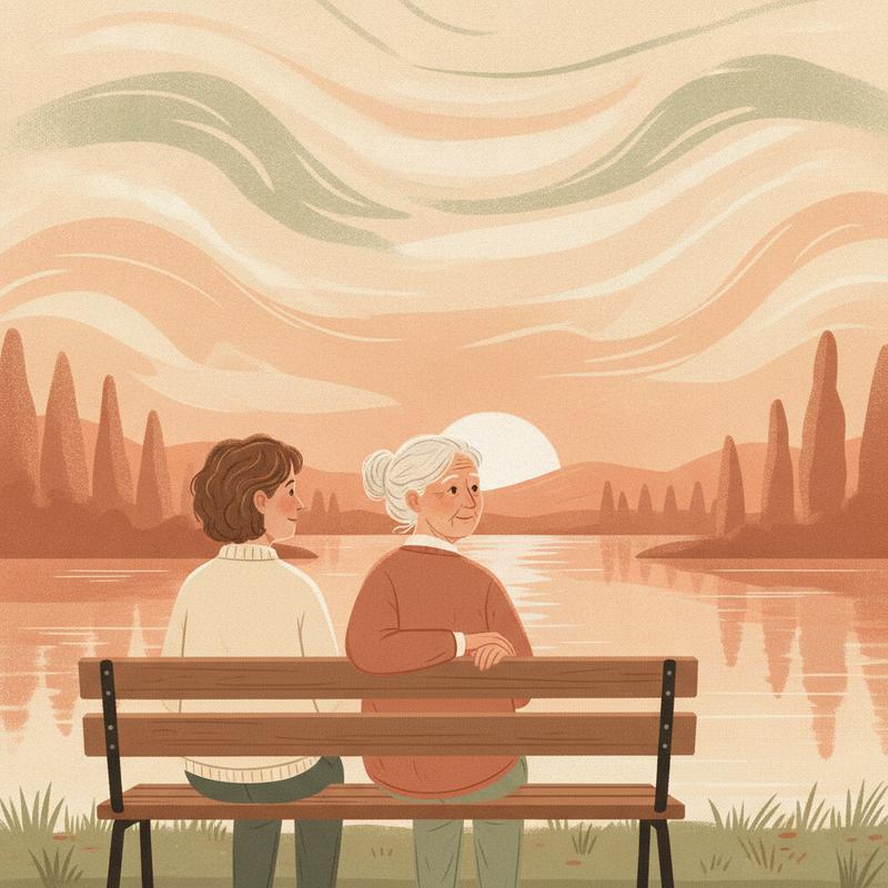 A middle-aged person on a park bench beside a much older version of themselves, both looking out over a lake at sunset