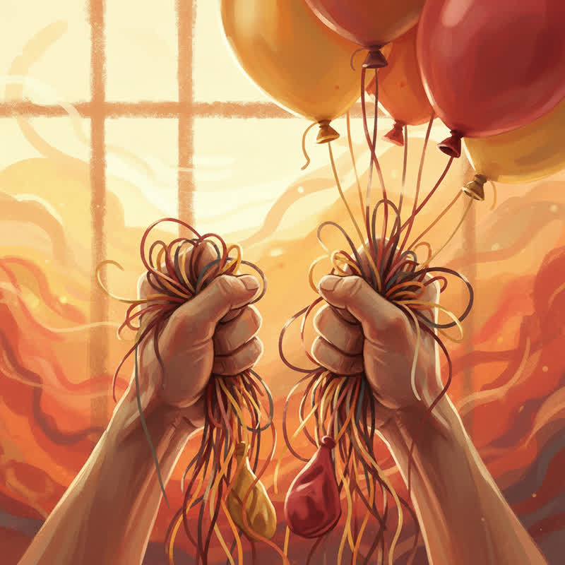 Hands gripping tightly to tangled balloon strings, knuckles white from the strain of holding too much