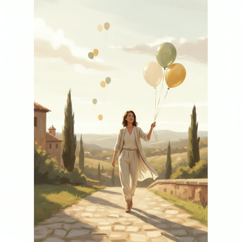A person walking confidently along a sunlit path holding only a few balloons, with others drifting away into the sky behind them
