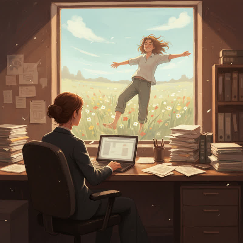 A person at a corporate desk staring at a window reflecting a younger, freer version of themselves