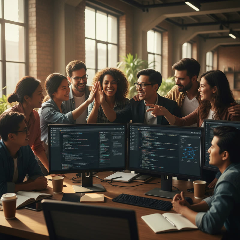 A diverse development team enthusiastically collaborating around monitors with AI tools, high energy and genuine engagement