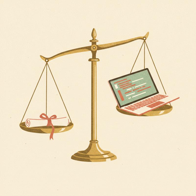 A brass balance scale with a rolled diploma on one pan and a laptop showing code on the other, the laptop side sinking heavily