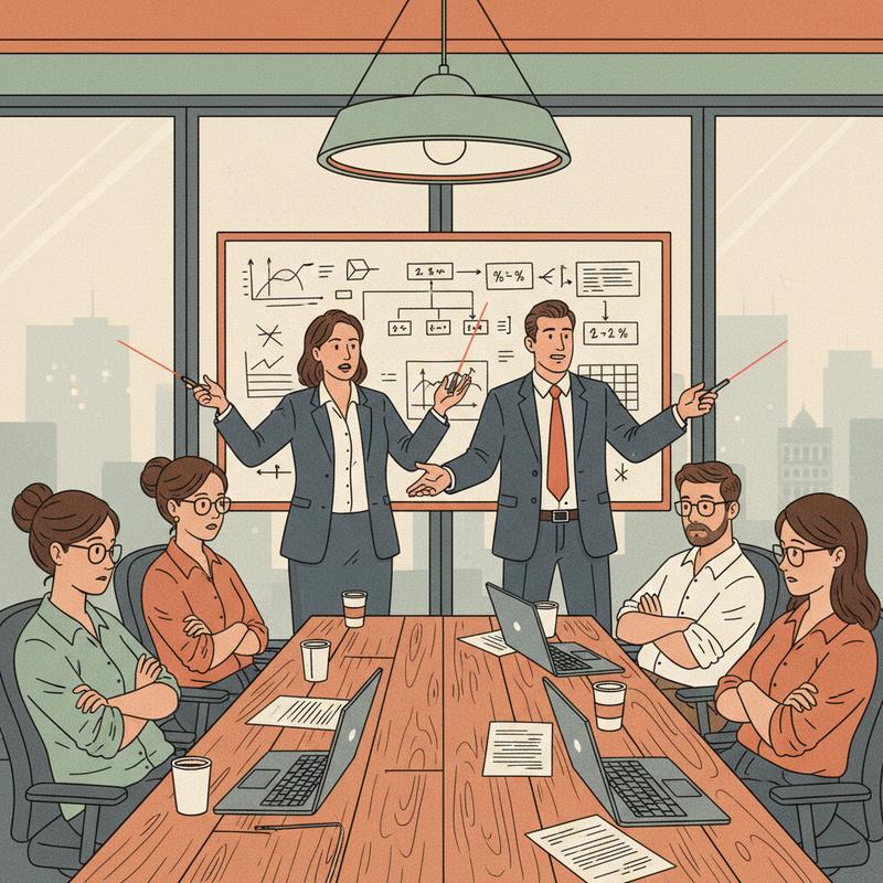 Executives pointing at technical diagrams while engineers look frustrated