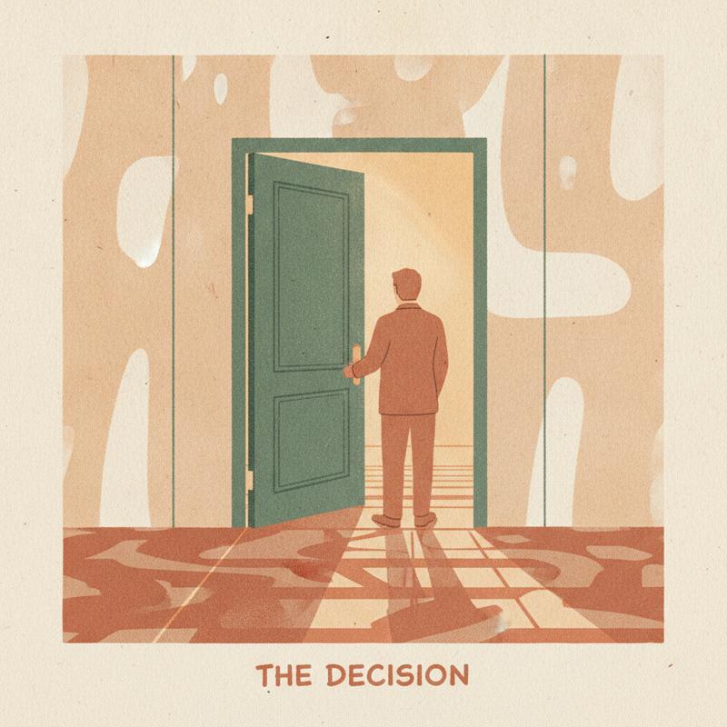 An office door slightly ajar with warm light spilling out while an employee pauses in the corridor