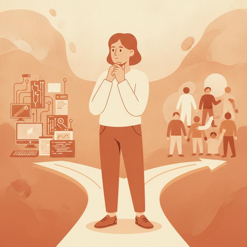 A person standing at a career crossroads between technical work and people leadership
