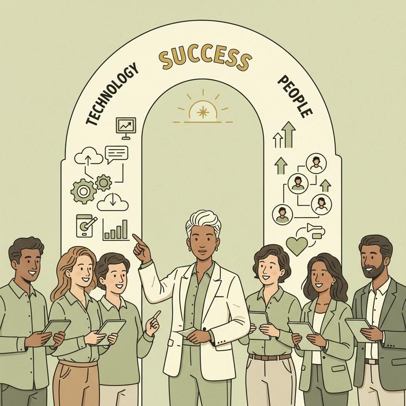 A confident leader and their team gathered around a roadmap showing technology and people as equal pillars converging into success