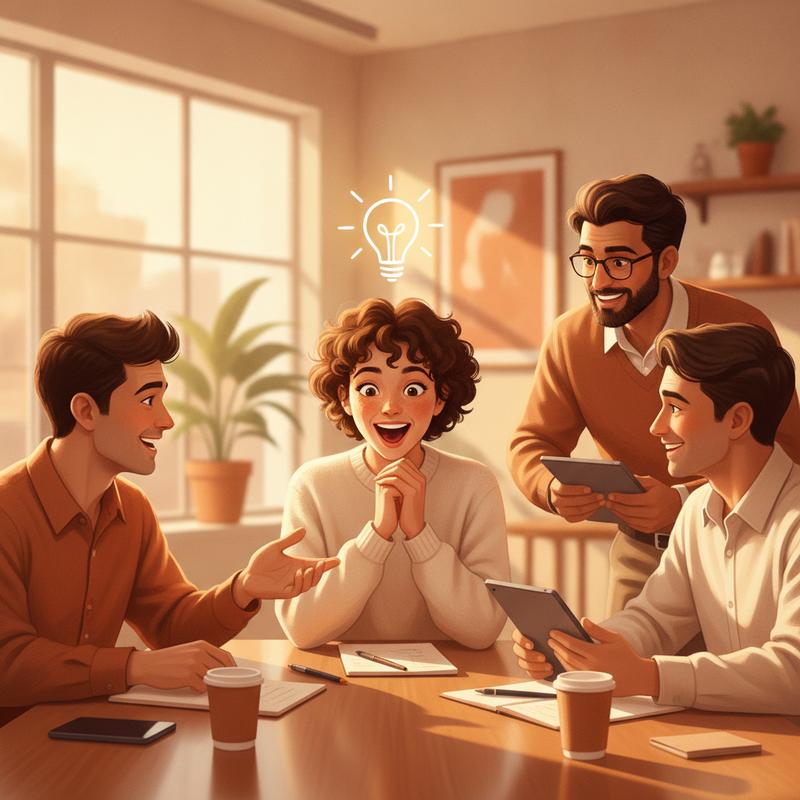 A person at a team meeting experiencing a lightbulb realization
