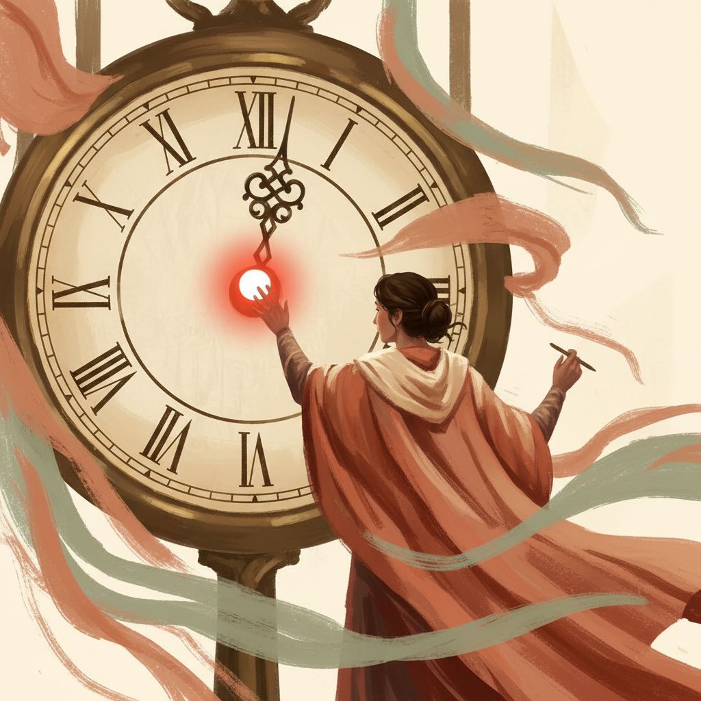 A large clock with a notification dot, person reaching toward it looking distracted