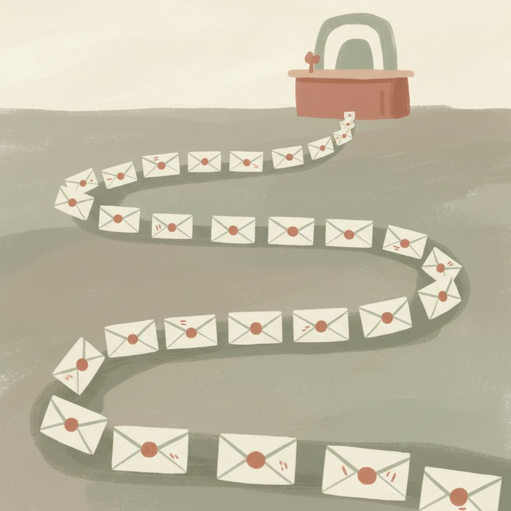 A queue of envelope-shaped decision cards stretching into the distance