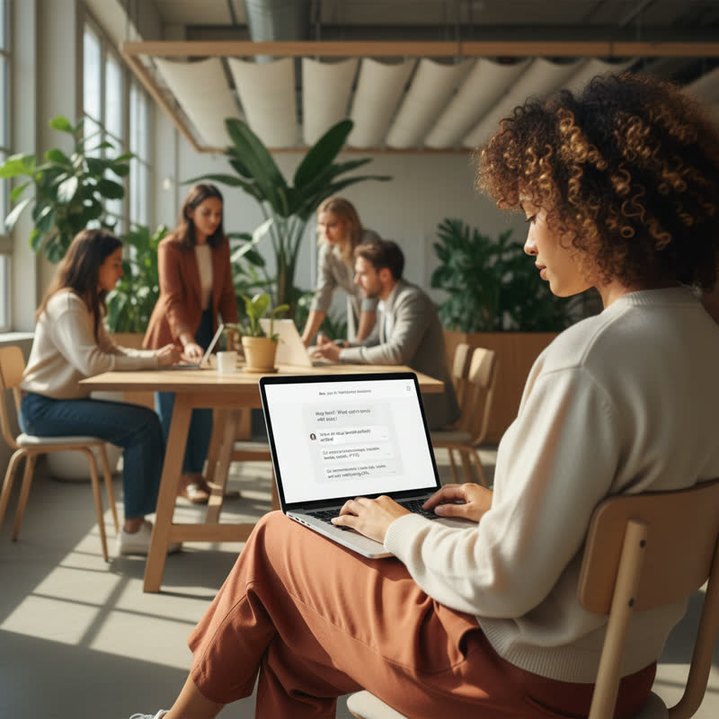 Employee at a laptop with an AI chat interface open in a warm, modern open-plan office