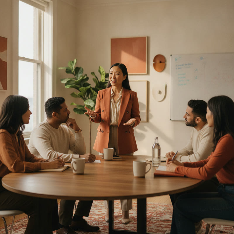 A confident professional speaks up in a team meeting, colleagues listening with open attention