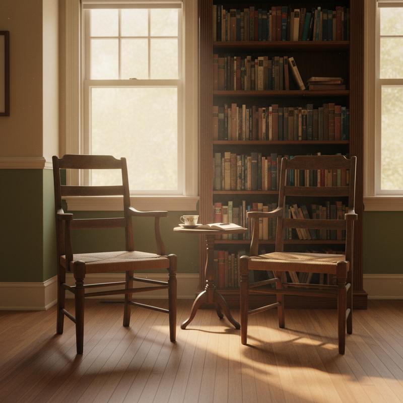 An empty wooden chair across from another chair in a quiet room with bookshelves and warm afternoon light