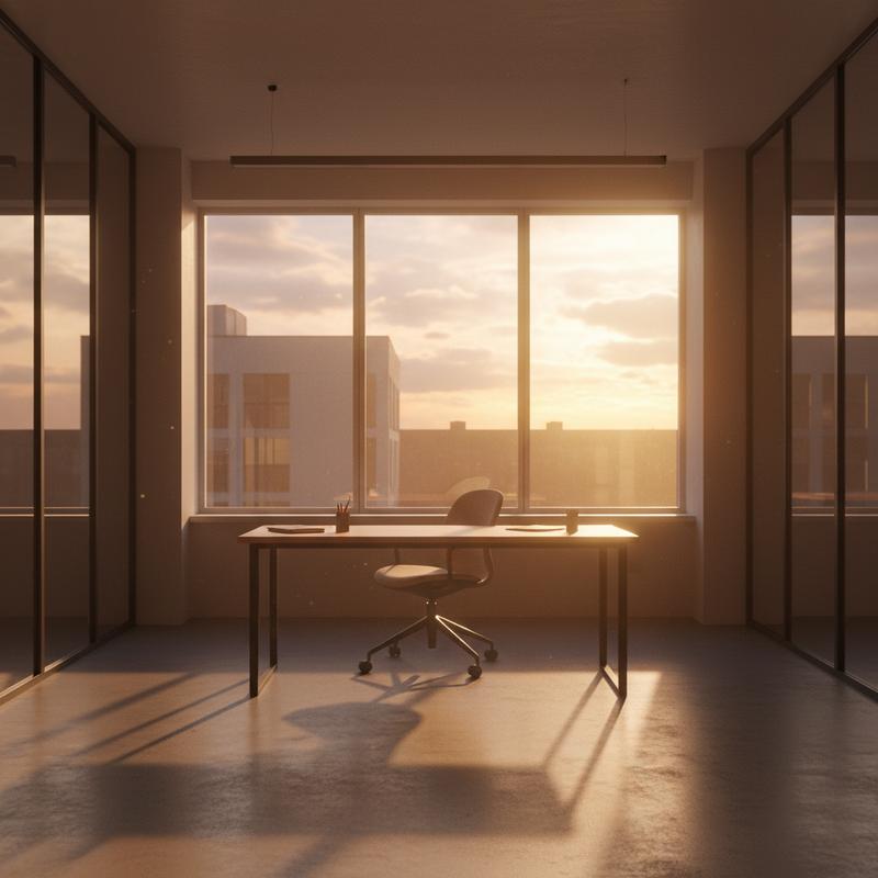 View from inside an empty office at sunset, a single desk by a window with a chair pushed back
