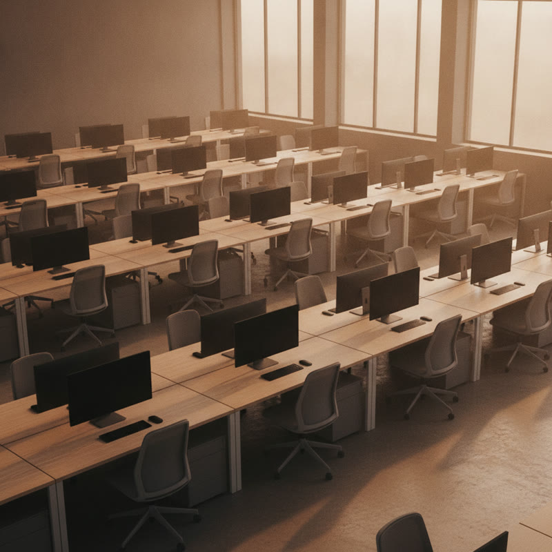 An empty open-plan office with rows of desks and morning light through floor-to-ceiling windows