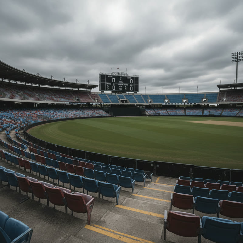 An empty stadium under overcast skies, scoreboard at zeros, quiet and still