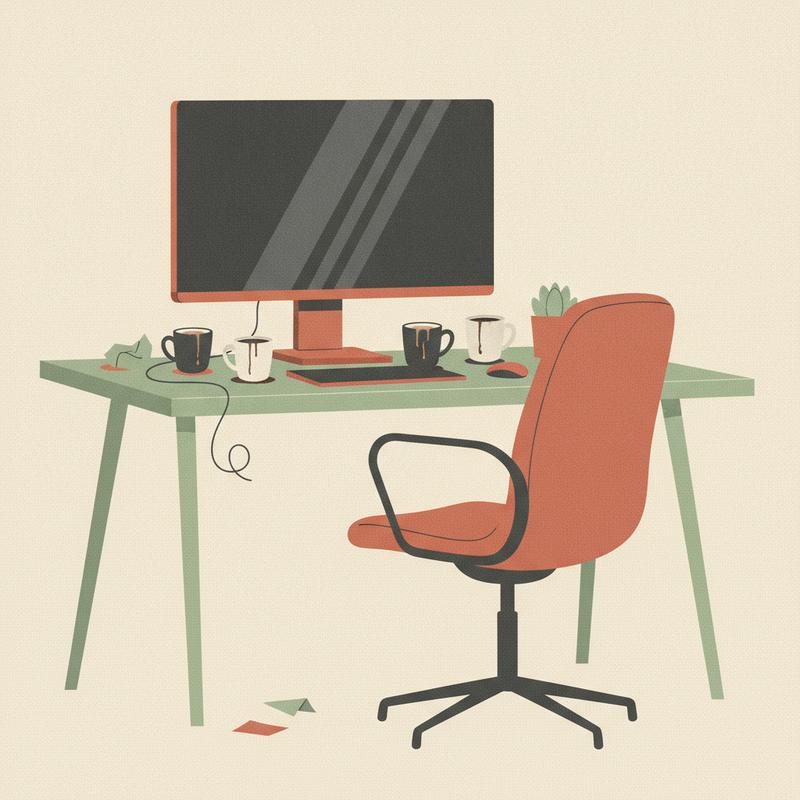 Empty office chair pushed back from a developer desk with a dark monitor and abandoned coffee mugs
